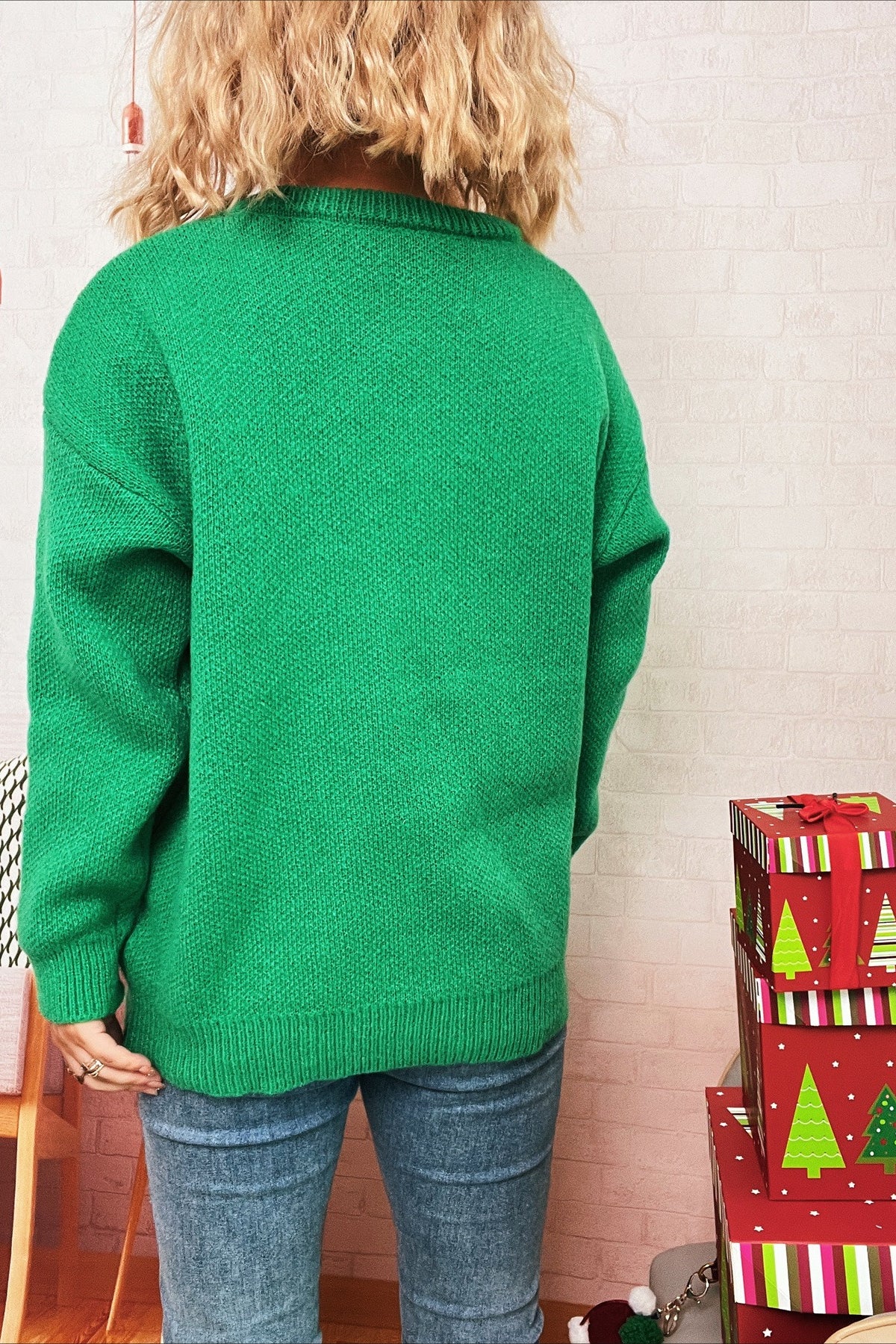 Cartoon Deer Knit Crew Patchwork Sweater