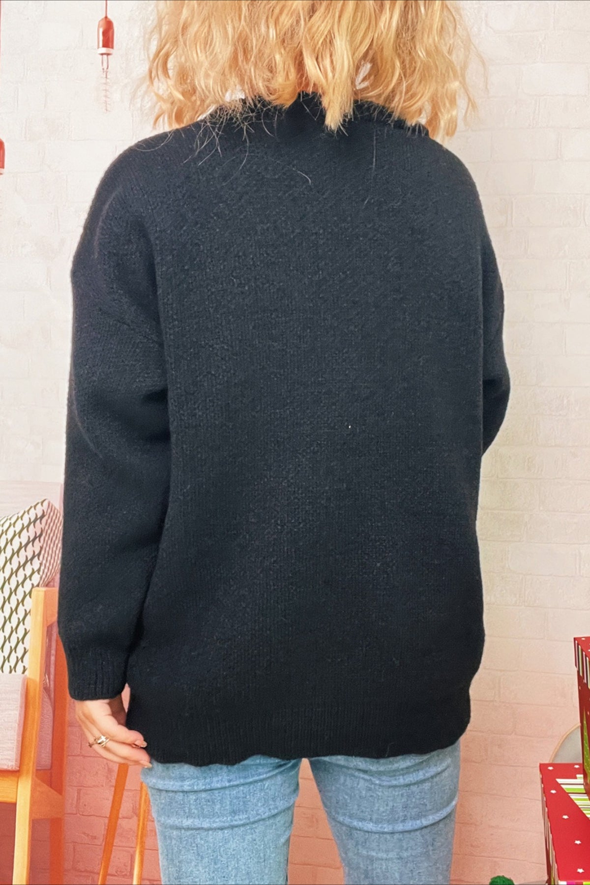Cartoon Deer Knit Crew Patchwork Sweater