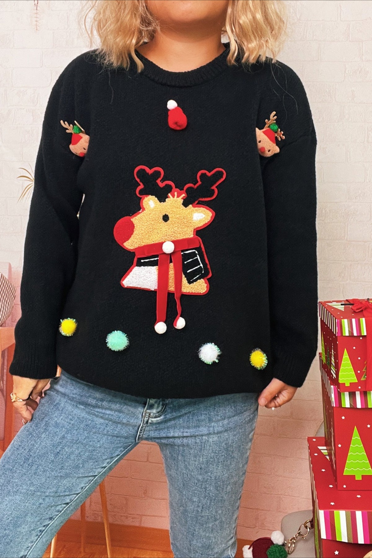 Cartoon Deer Knit Crew Patchwork Sweater