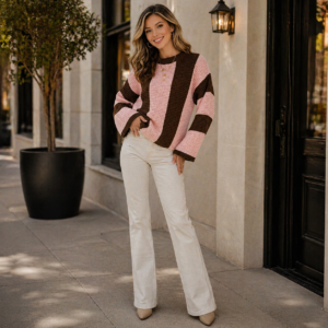 Striped Color Block Thermal Textured Knit Drop Shoulder Sweater