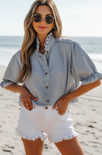 Bluebell Puff Sleeve Summer Chambray Shirt | Pre-Order