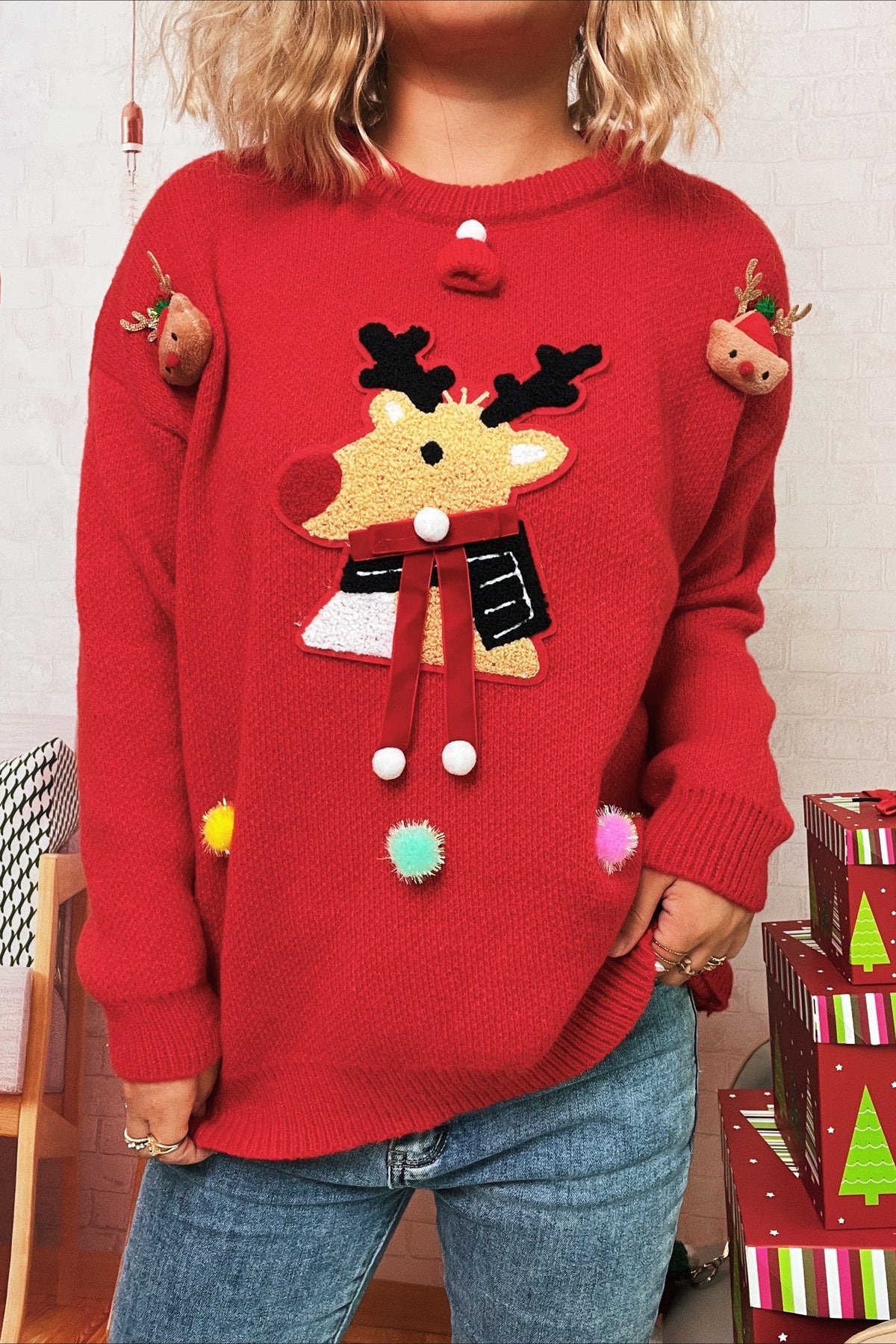 Cartoon Deer Knit Crew Patchwork Sweater